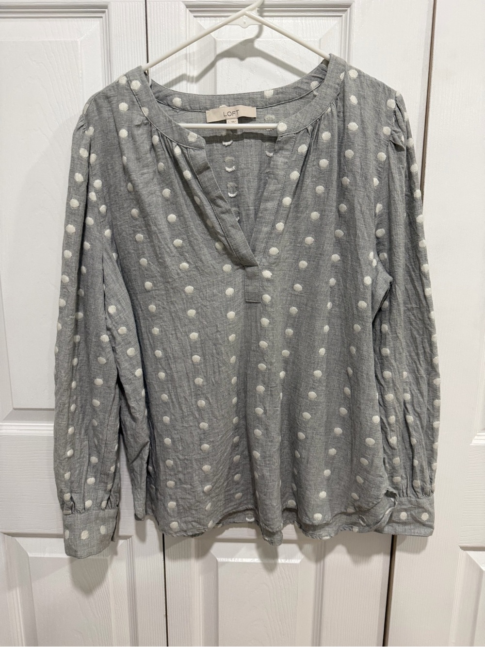 LOFT Gray Dot-Print Long Sleeve Blouse